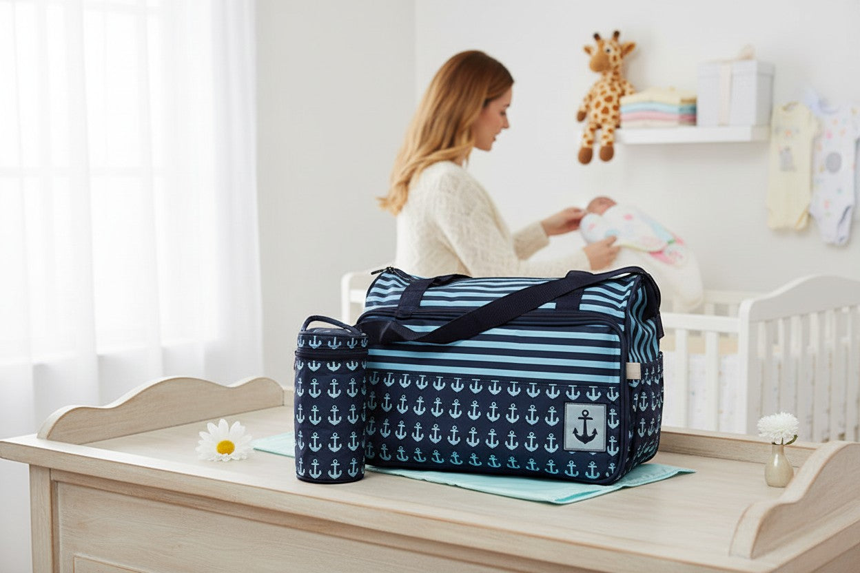 Stork And Baby Anchor Diaper Bag with matching bottle holder, navy blue with white anchors and blue stripes.