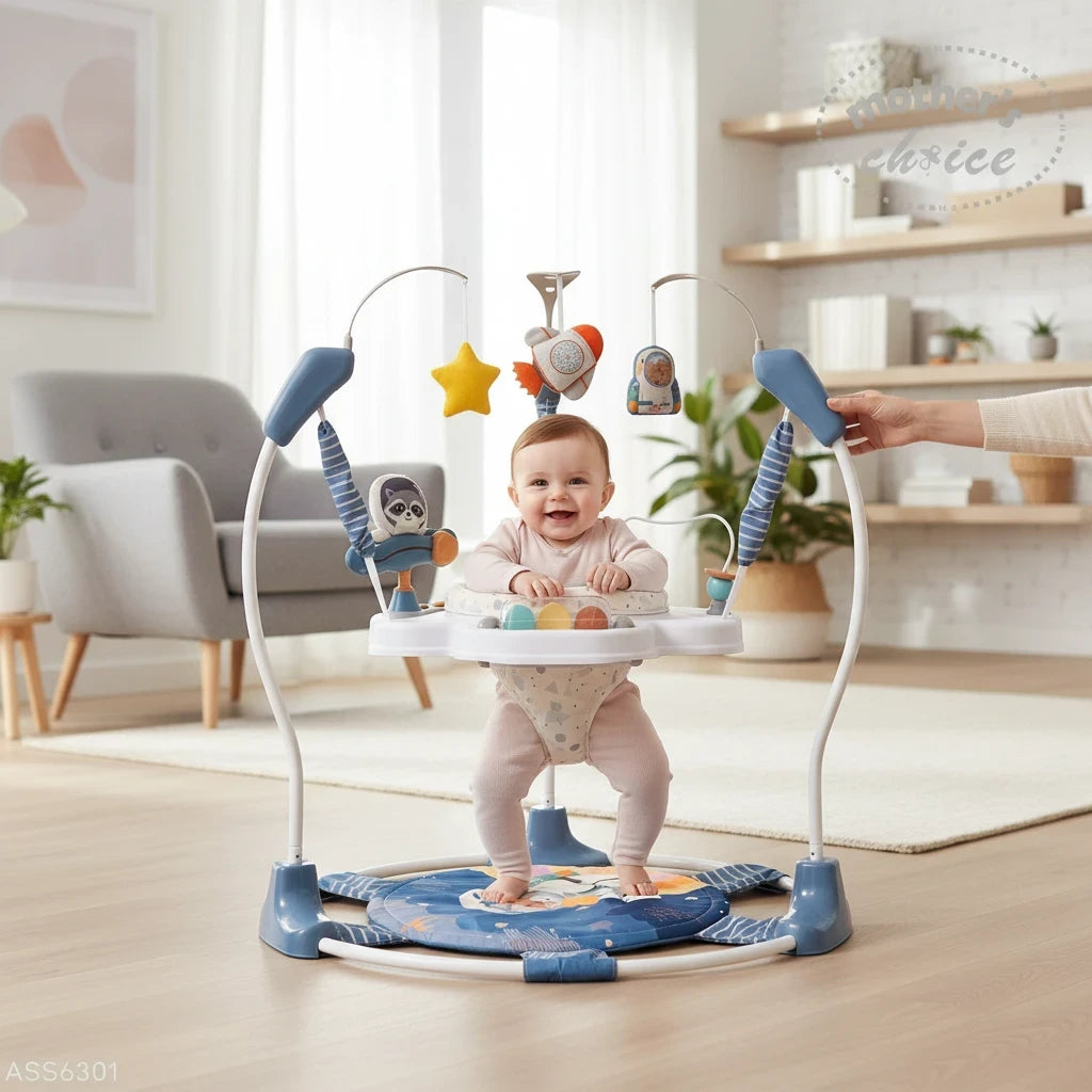 Stork And Baby astronaut themed baby active centre jumper with 360-degree spinning seat and hanging space toys.