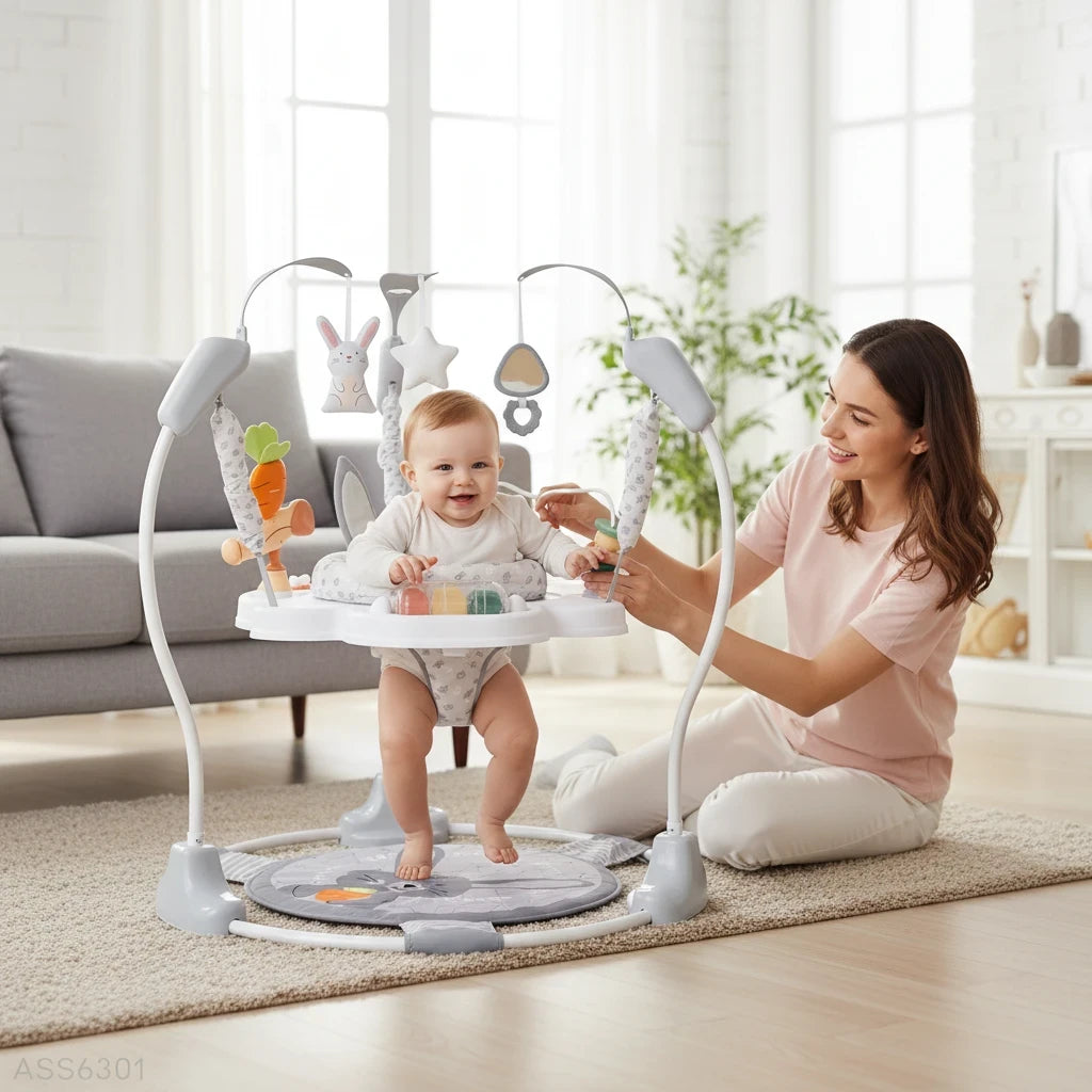 Stork And Baby astronaut themed baby jumper with 360-degree spinning seat and hanging toys for 6-18 month olds