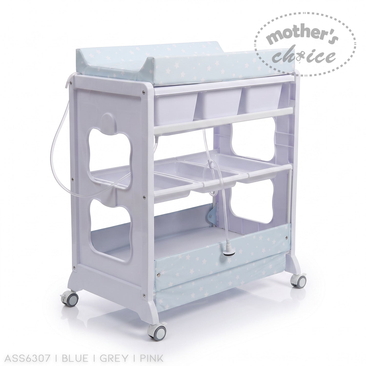 Stork And Baby baby bath caddy with white frame, blue star-patterned changing mat, and multiple storage shelves.