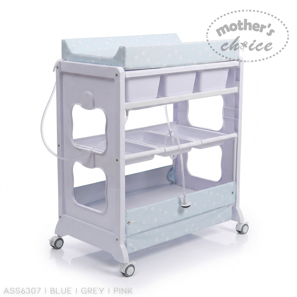 Stork And Baby mobile baby bath caddy with white frame, blue star-patterned changing mat, and storage shelves.
