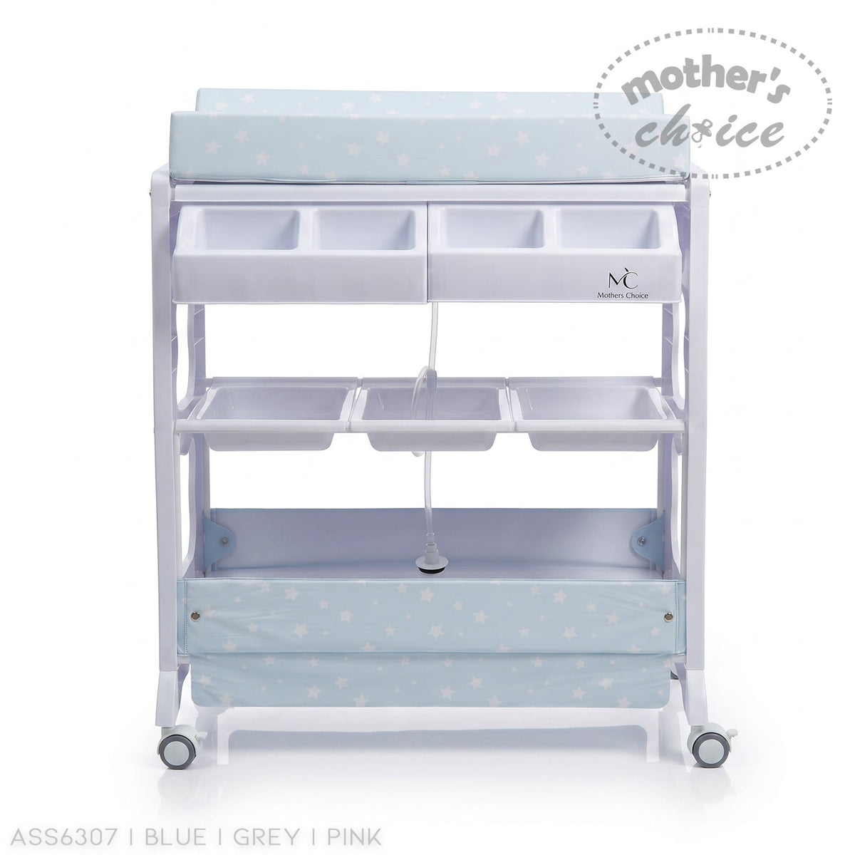 Stork And Baby baby bath caddy with blue star print changing mat, white frame, and multiple storage compartments