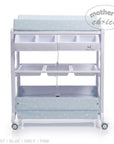 Stork And Baby baby bath caddy with blue star print changing mat, white frame, and multiple storage compartments