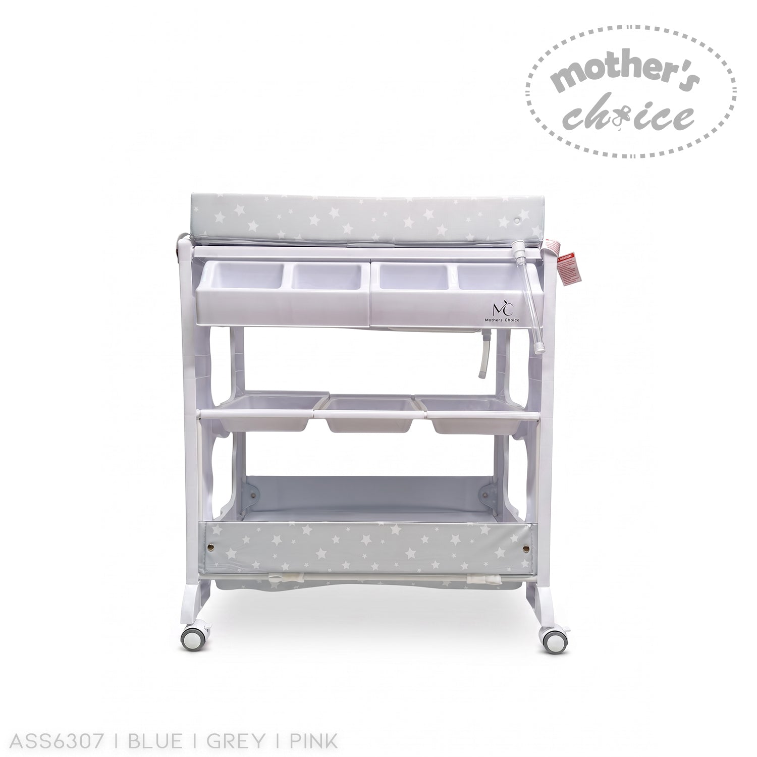 Stork And Baby baby bath caddy with grey and white star pattern, featuring storage compartments and rolling wheels