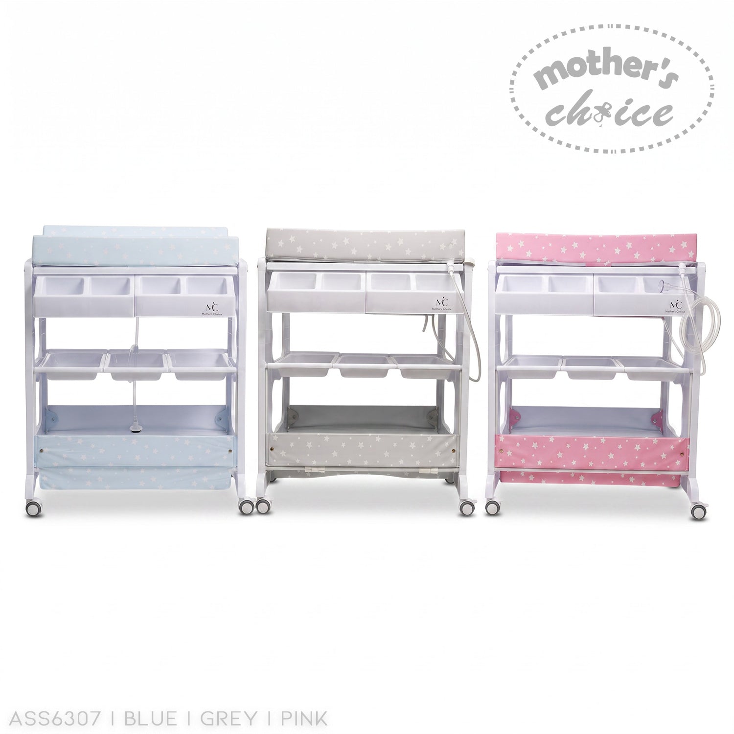Stork And Baby baby bath caddy set in blue, grey, and pink with star patterns, storage shelves, and wheels.