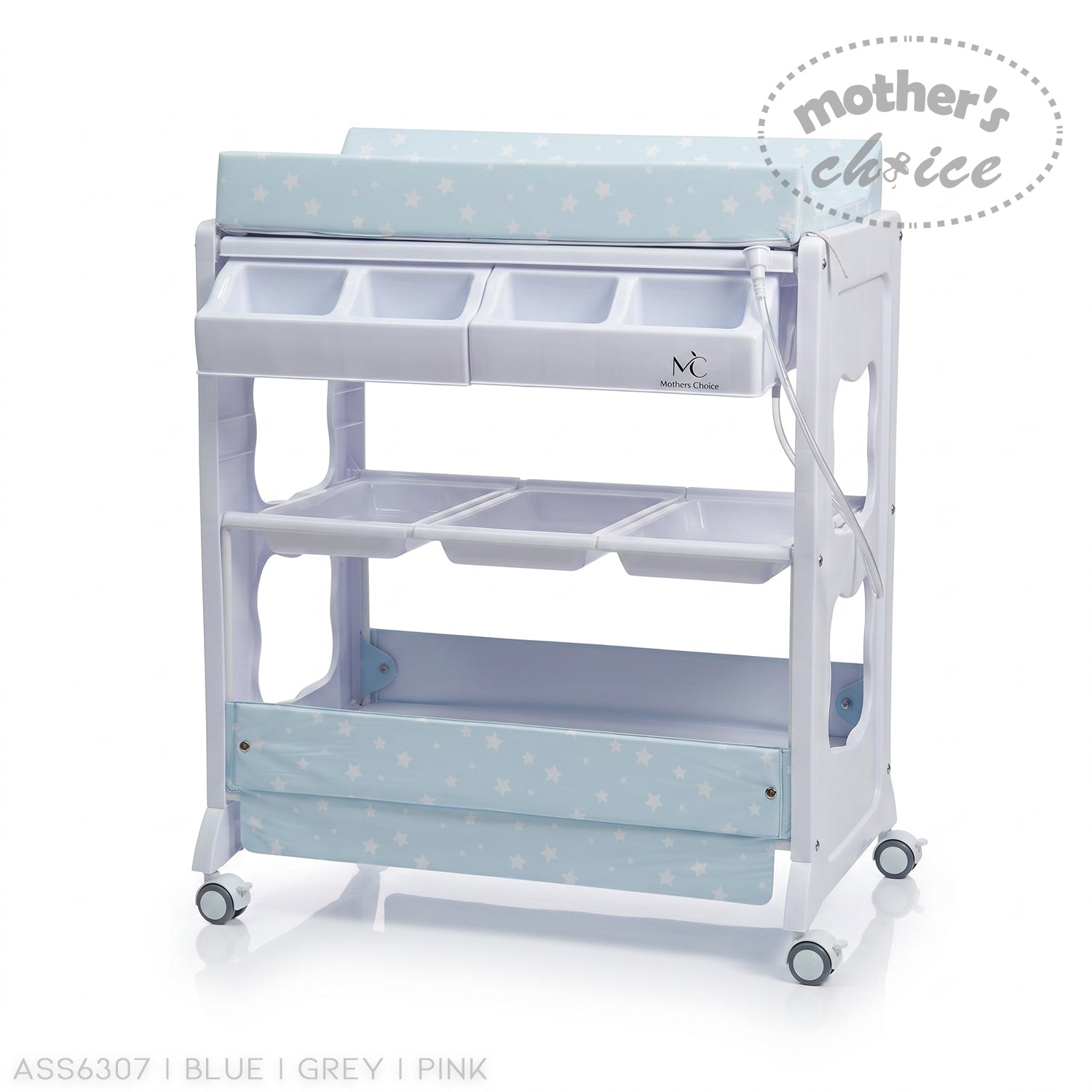 Stork And Baby baby bath caddy with blue star print changing mat, storage compartments, and rolling wheels
