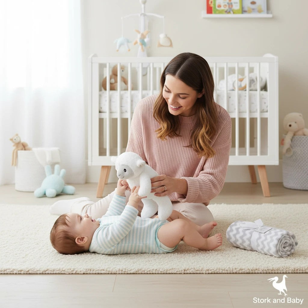 Stork And Baby Mothers Choice baby blanket and plush sheep toy set with a mother playing with her baby in a nursery