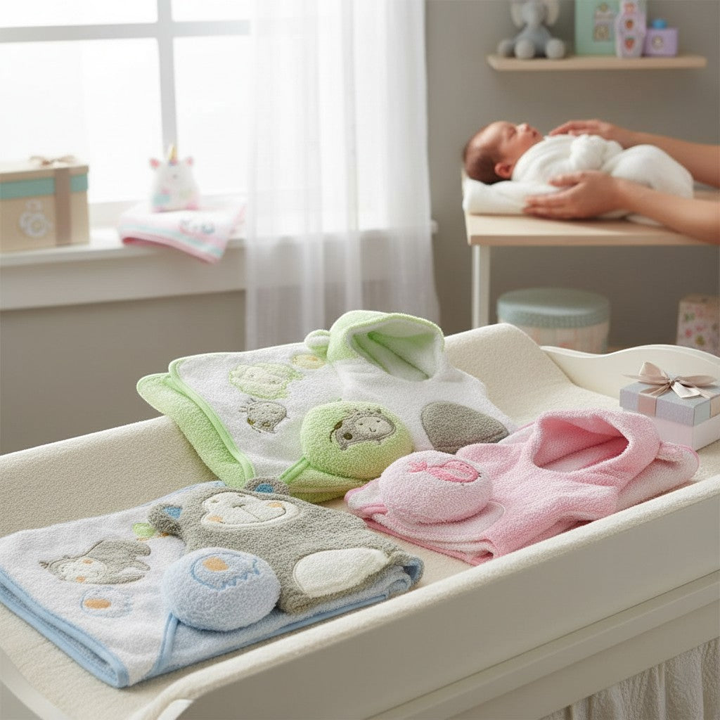 Stork And Baby 3 piece baby gift set with hat, sponge, and mitten in green, pink, and blue with animal embroidery.