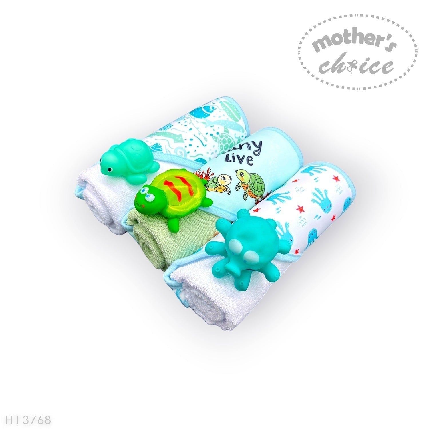 Stork And Baby Mothers Choice 3 pack baby hooded towels with turtle and octopus bath toys in blue and white