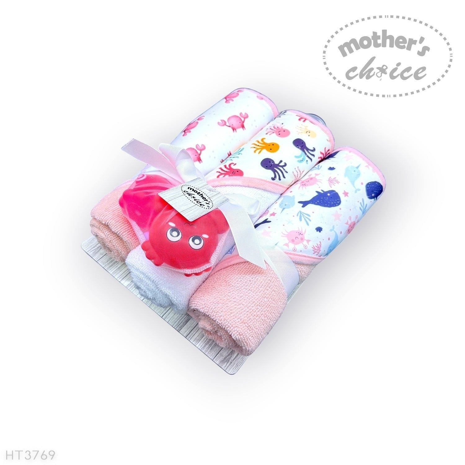 Stork And Baby Mothers Choice 3 pack baby hooded towels with whale and sea creature prints and a red crab bath toy