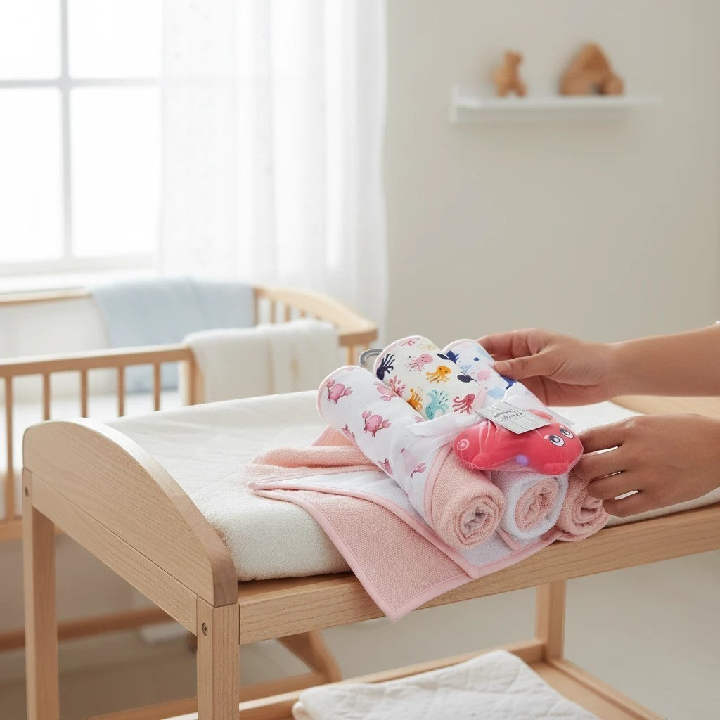 Stork And Baby 3 pack of soft baby hooded towels and whale toys in pink and white with sea creature patterns