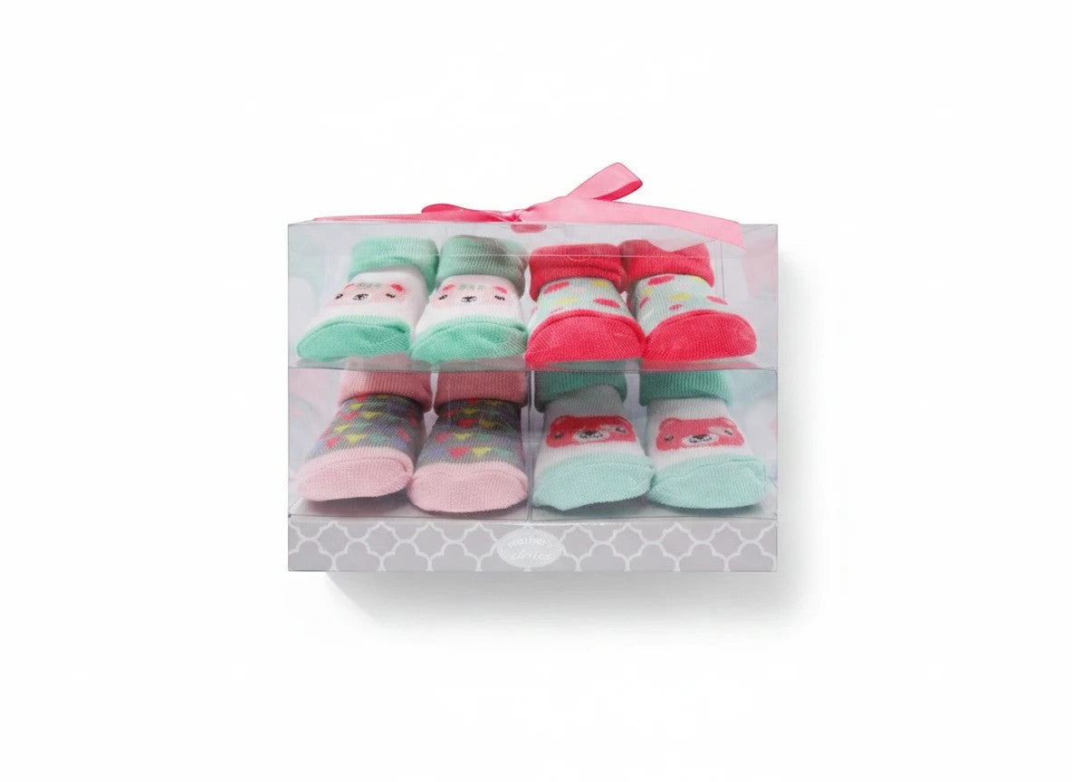 Stork And Baby 4 pack baby socks gift set with bear theme, featuring mint green, pink, and coral colors.
