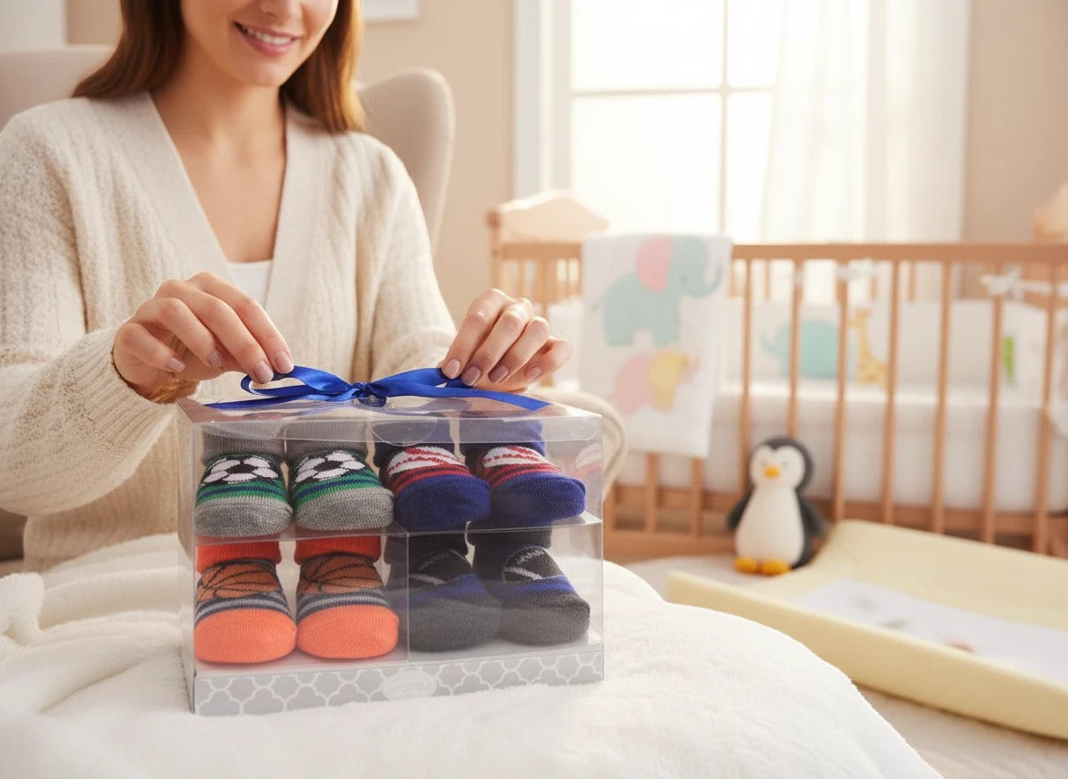 Stork And Baby 4 pack baby socks gift set with soccer, basketball, and striped designs in a clear box tied with a blue ribbon.