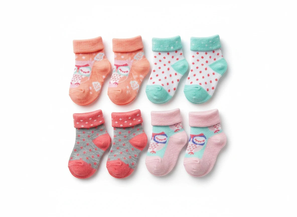 Stork And Baby 4 pack baby socks with owl print, polka dots, and stripes in coral, mint, grey, and pink.