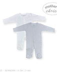 Stork And Baby white and light grey 2-piece babygrow set with snap closures and footies. Soft cotton for comfort.