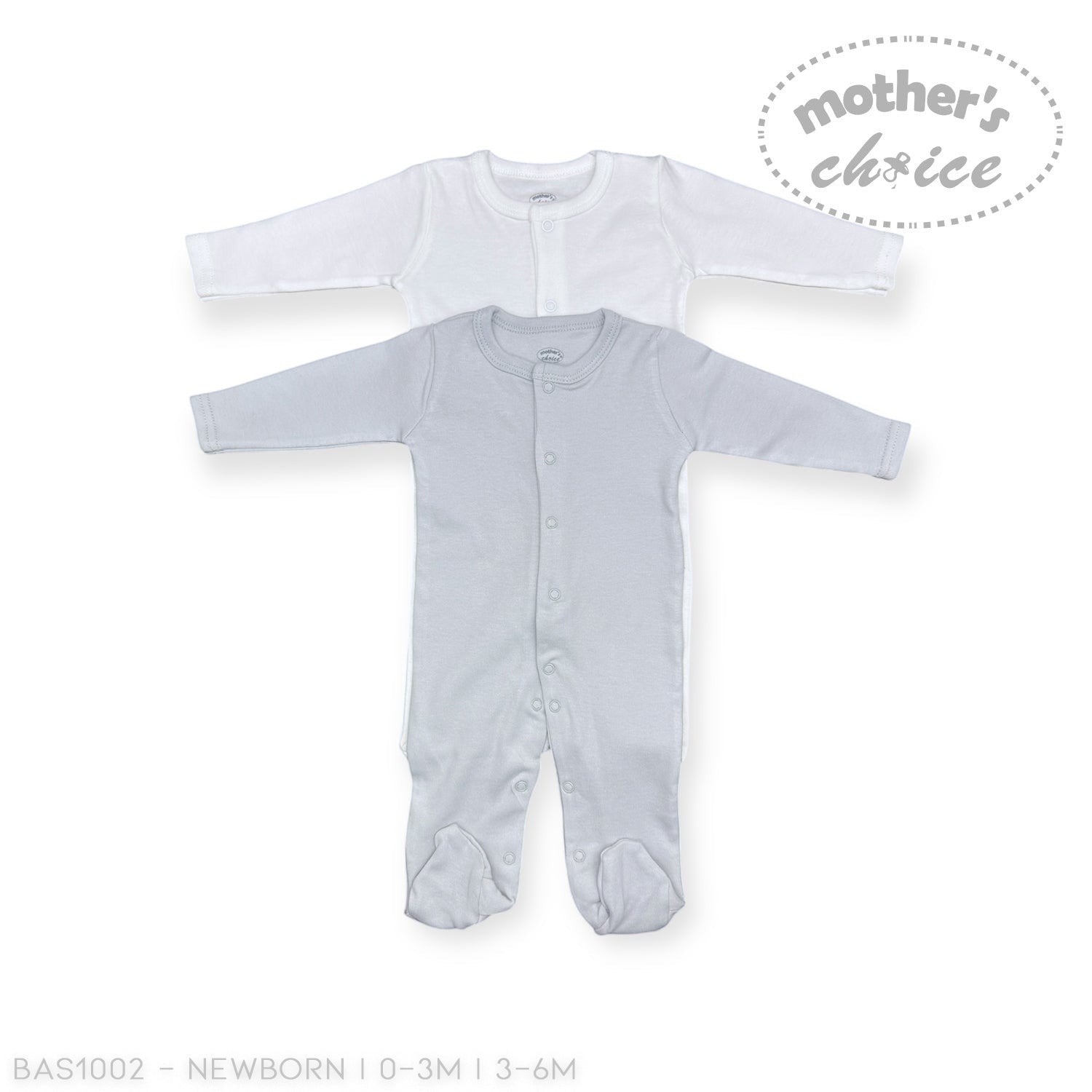 Stork And Baby white and grey 2-piece babygrow set with snap closures and footies. Soft cotton for newborn comfort.