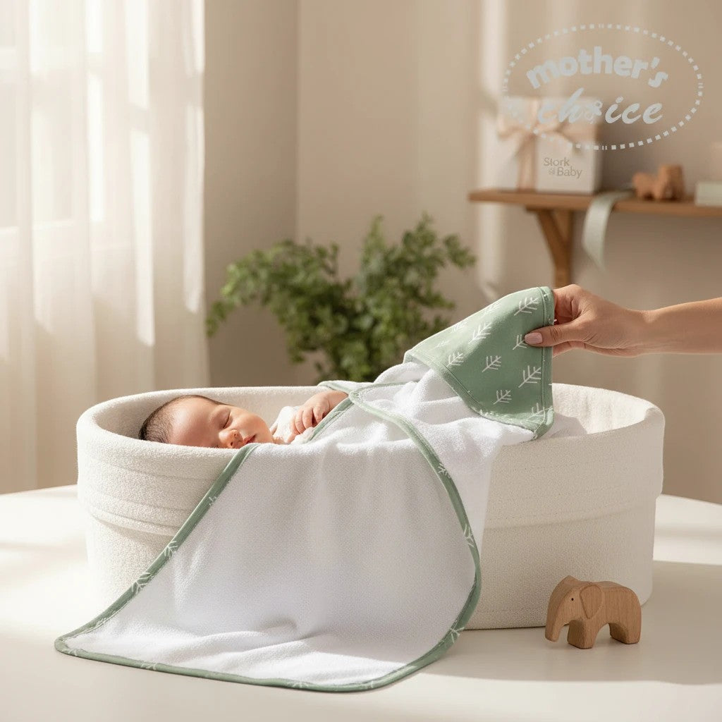 Stork And Baby Mother's Choice sage green bamboo hooded towel with leaf print, 75x75cm.