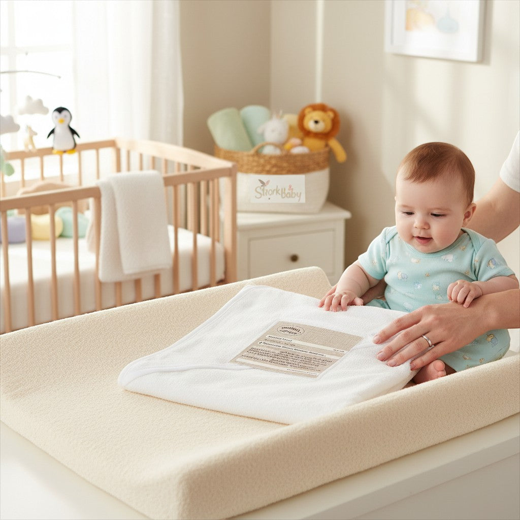 Stork And Baby white bamboo hooded towel for babies, ultra-soft and absorbent for delicate skin.