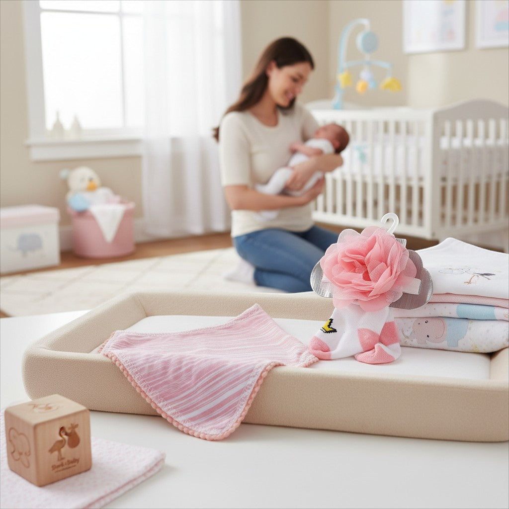 Stork And Baby pink striped bandana bib with pom trim, part of a baby layette set.