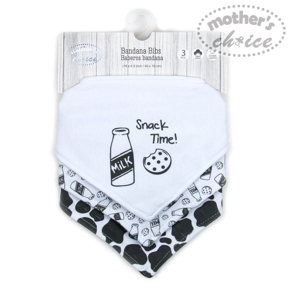 Stork And Baby 3 pack white cotton bandana bibs with black 'Snack Time' print, milk bottle, cookie, and cow print.