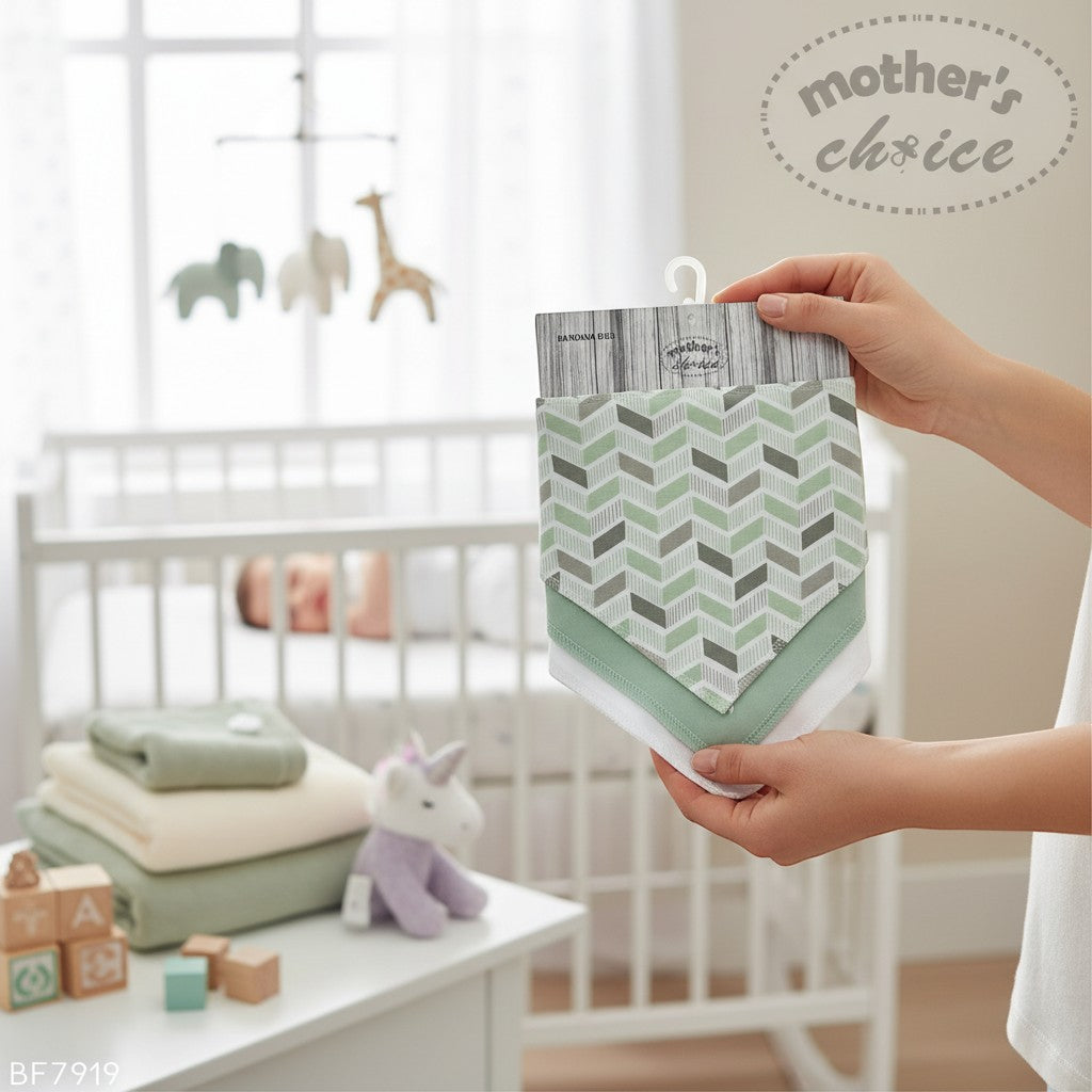 Stork And Baby Mothers Choice 3 pack grey and mint bandana bibs with chevron pattern. Soft absorbent fabric for feeding.