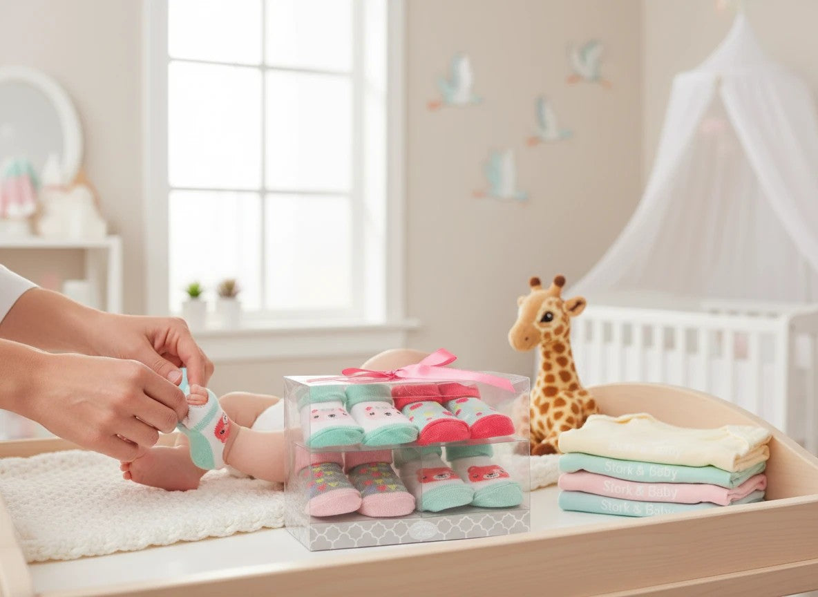 Stork And Baby 4 pack baby socks gift set with bear theme, featuring pink, mint green, and grey socks. Packaged in a clear box with a pink ribbon.