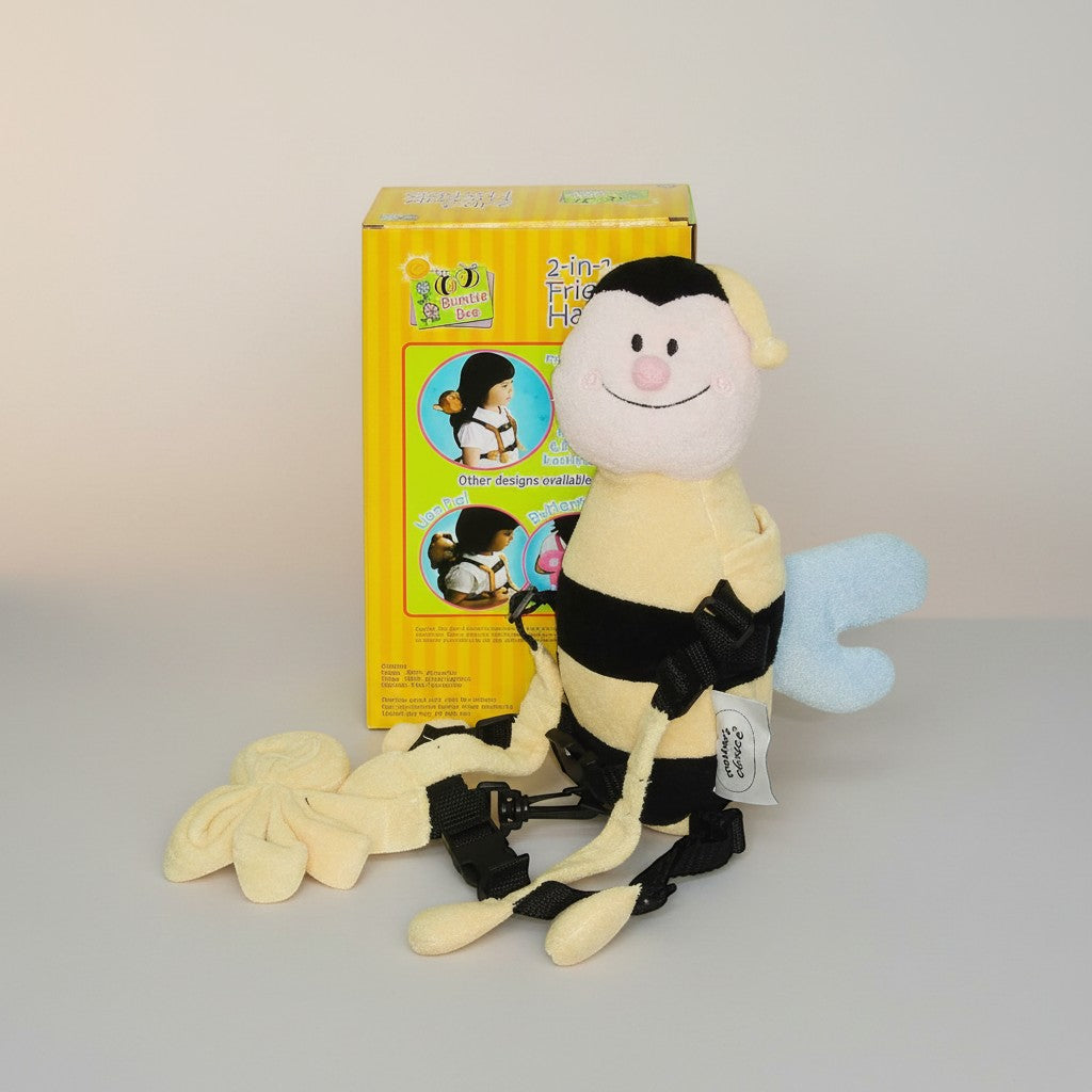 Stork And Baby 2-in-1 Bee Harness plush toy with adjustable straps and light blue wings.