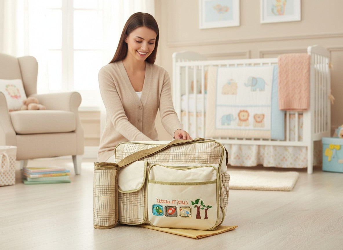 Stork And Baby beige nappy bag with Little Friends embroidery and multiple compartments, perfect for baby essentials.