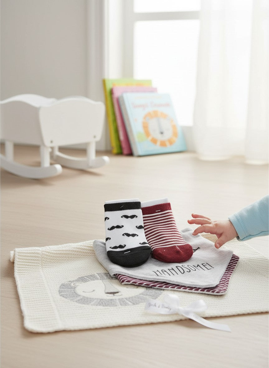 Stork And Baby 5 piece baby bib and sock set with mustache print and striped socks. Soft cotton for sensitive skin.