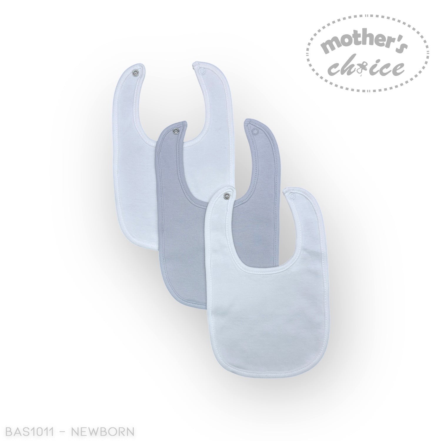 Stork And Baby white and grey 3 pack baby bibs, soft cotton, snap closure, for feeding and teething