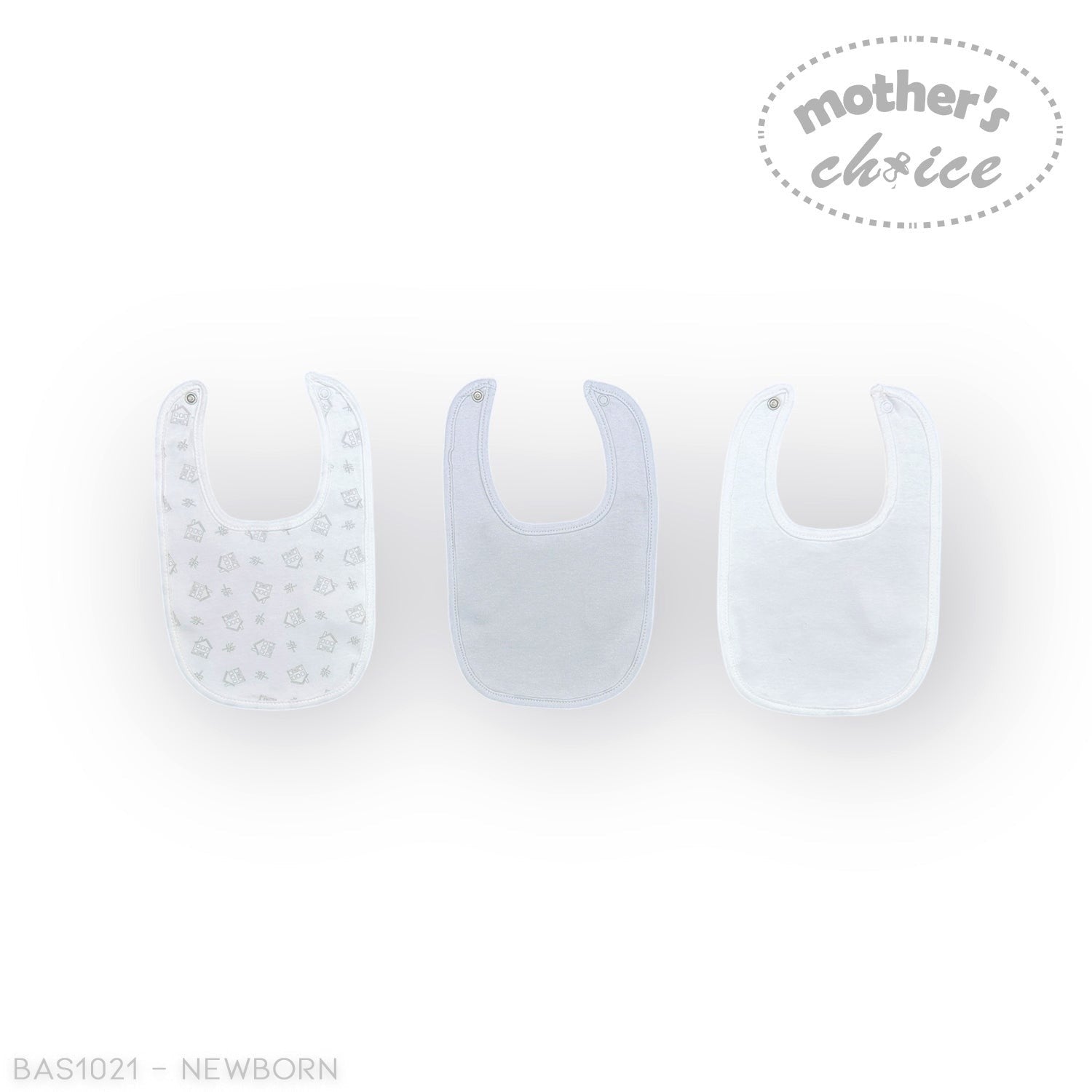Stork And Baby Mothers Choice 3 pack of white and light grey baby bibs, one with a subtle animal print.