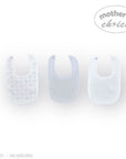 Stork And Baby Mothers Choice 3 pack of white and light grey baby bibs, one with a subtle animal print.