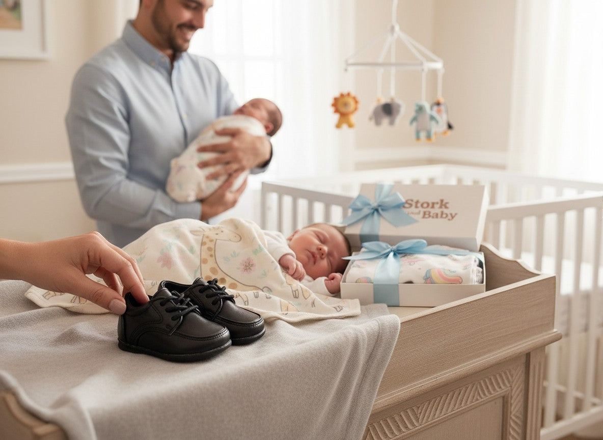Stork and Baby black faux leather lace-up baby shoes with a classic design, perfect for formal or everyday wear.