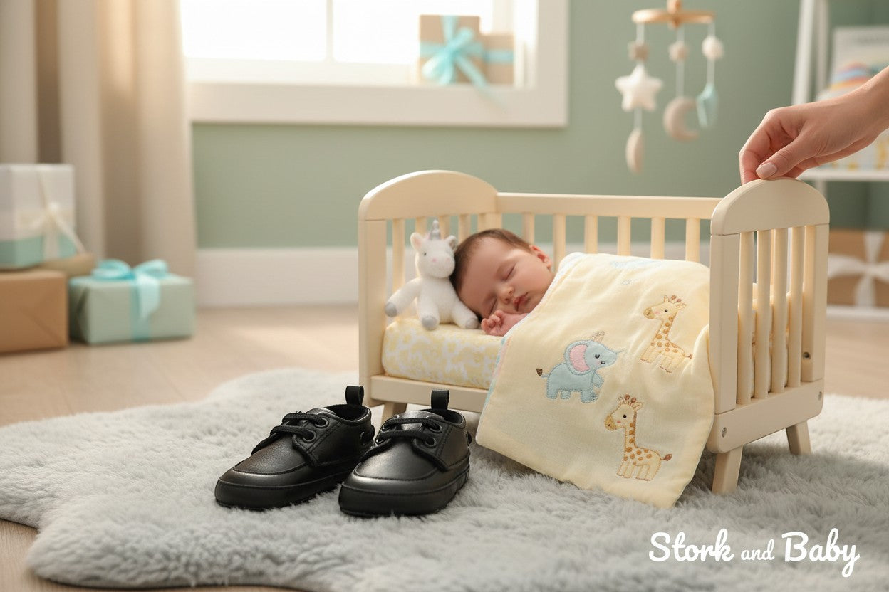 Stork and Baby black faux leather lace-up baby shoes with a classic design, perfect for formal or everyday wear.