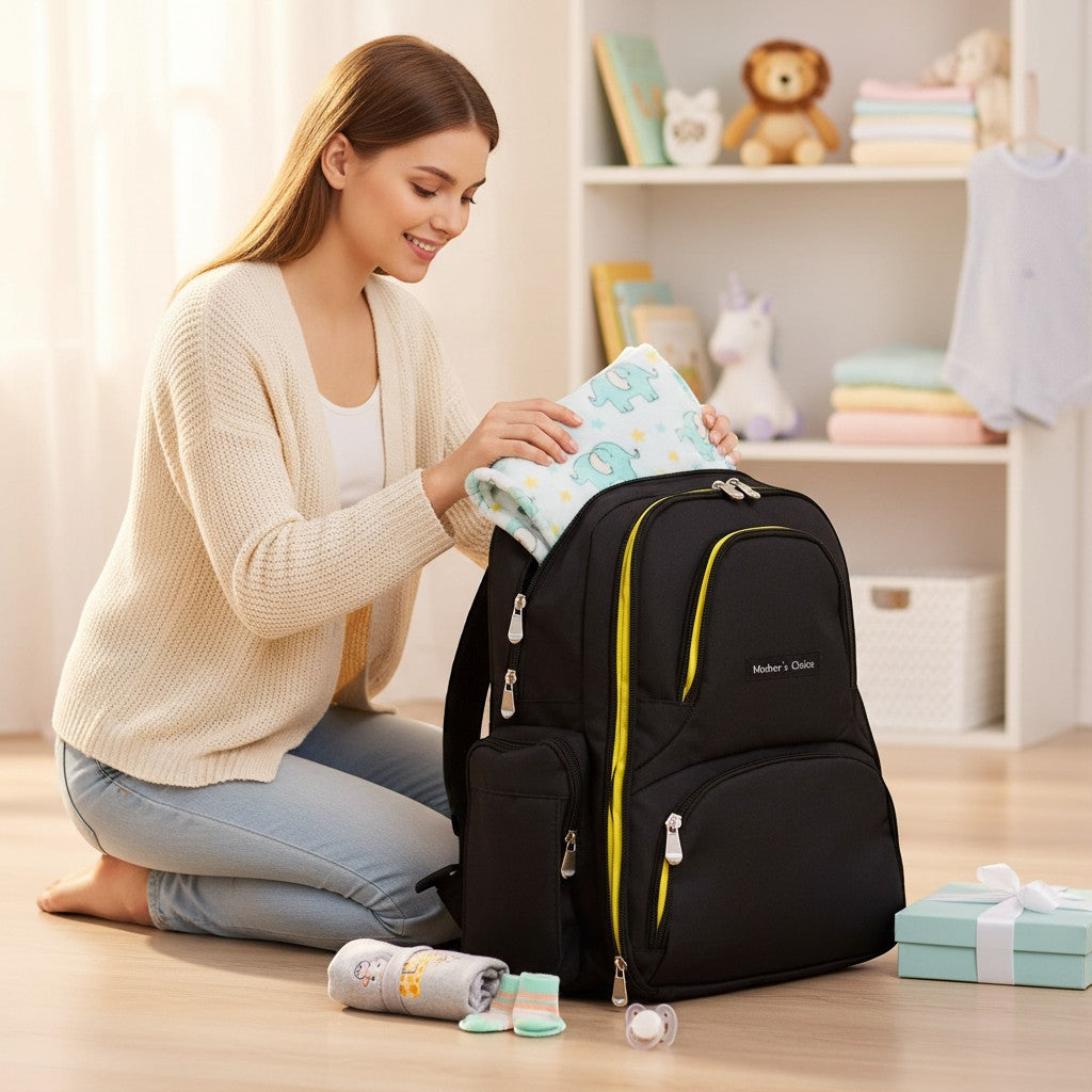 Stork And Baby black linen diaper backpack with yellow accents, organized for baby essentials. A woman is packing a blanket.