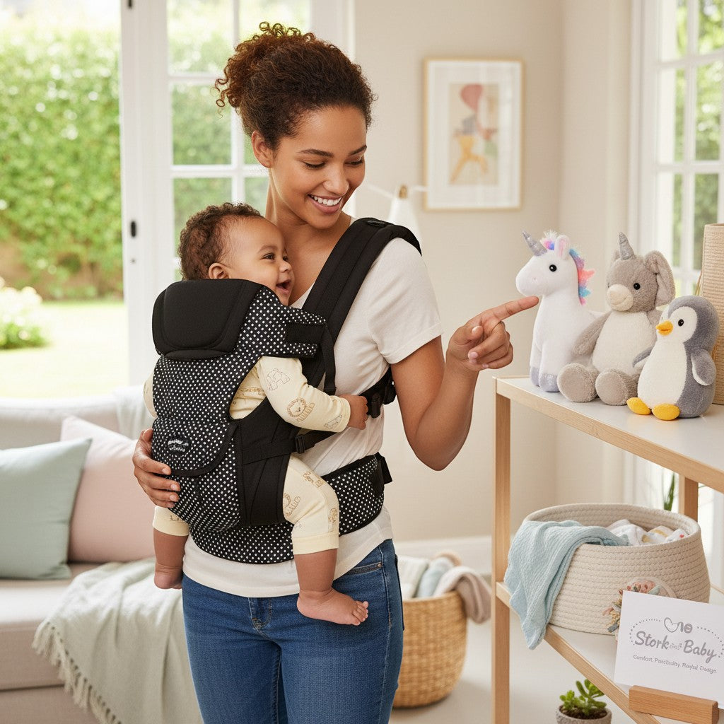 Stork And Baby black polka dot 4-way baby carrier worn by a smiling mother holding her baby. Soft fabric.