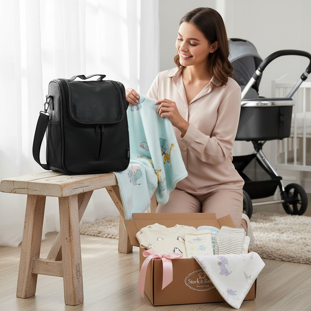 Stork And Baby black PU upper baby bottle warmer bag with insulated design for travel and outings.