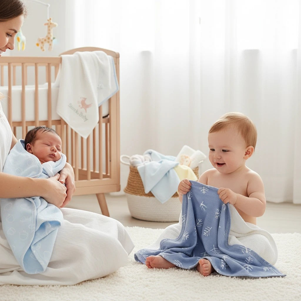 Stork And Baby blue bamboo blend hooded towels with white cloud and snowflake prints. A mother holds a newborn wrapped in one towel, while a toddler plays with another.