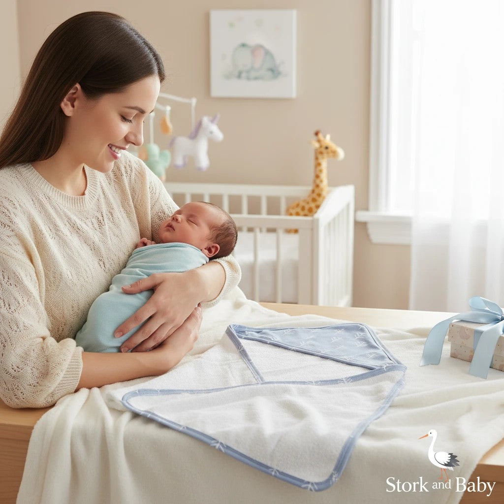 Stork And Baby blue bamboo hooded baby towel with white trim and star pattern, laid out next to a gift box.