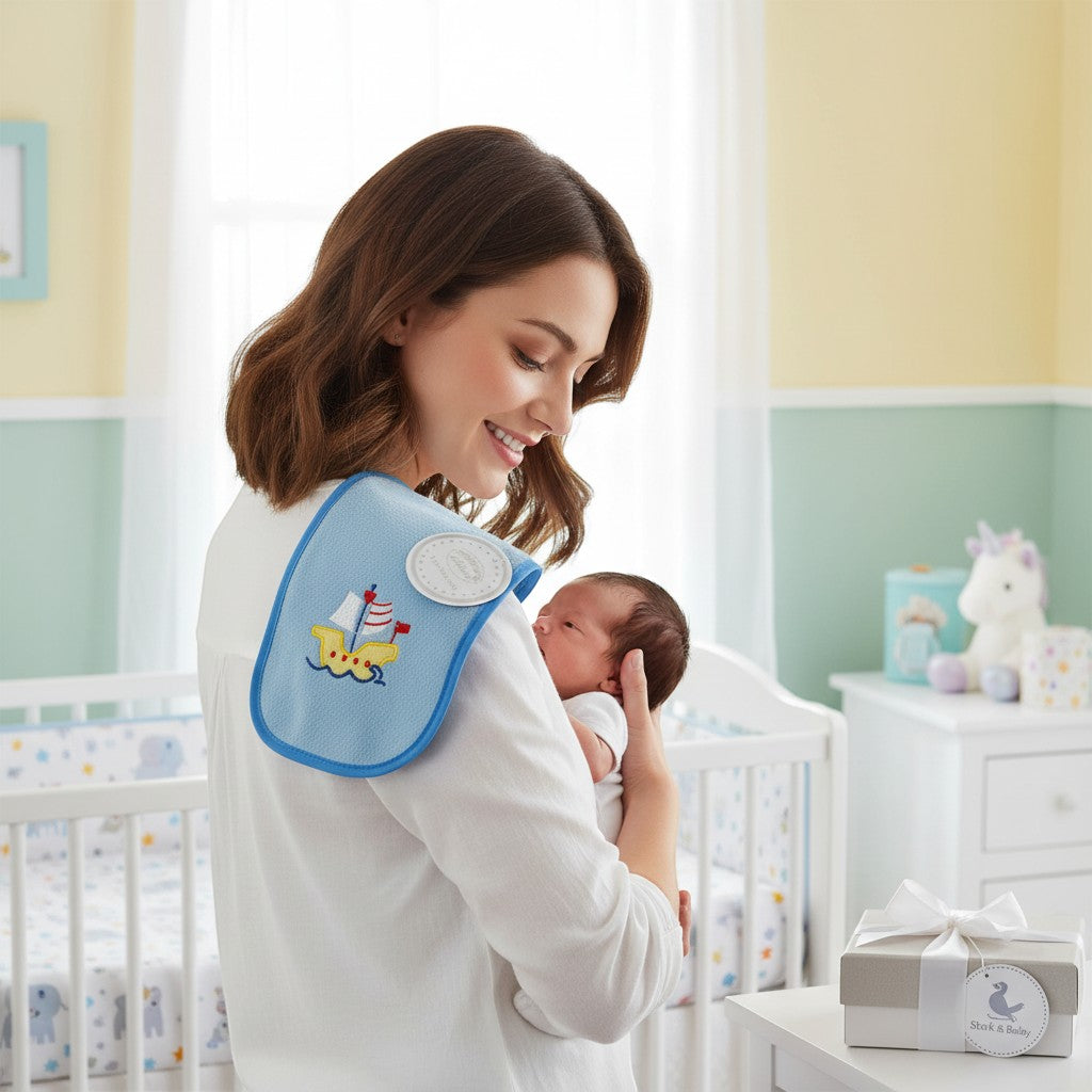 Stork &amp; Baby blue burp cloth with sailboat embroidery, soft absorbent fabric for feeding messes.