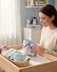Stork And Baby blue car hooded towel, washcloths, and sponge set for baby bath time.