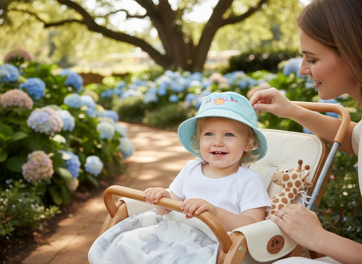 Stork And Baby light blue cotton bucket hat with embroidered flowers and butterflies for a baby girl.