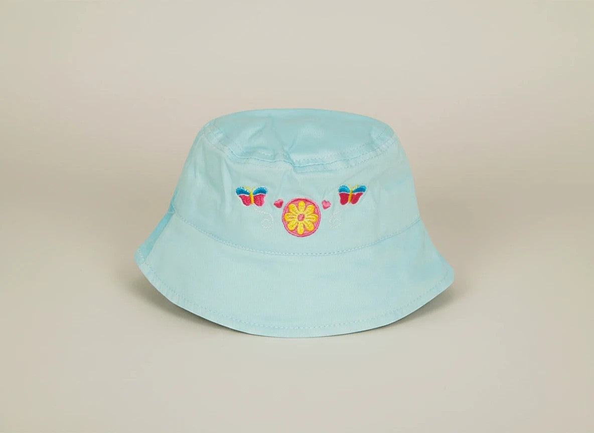 Stork And Baby light blue cotton bucket hat with embroidered flower and butterflies for girls.