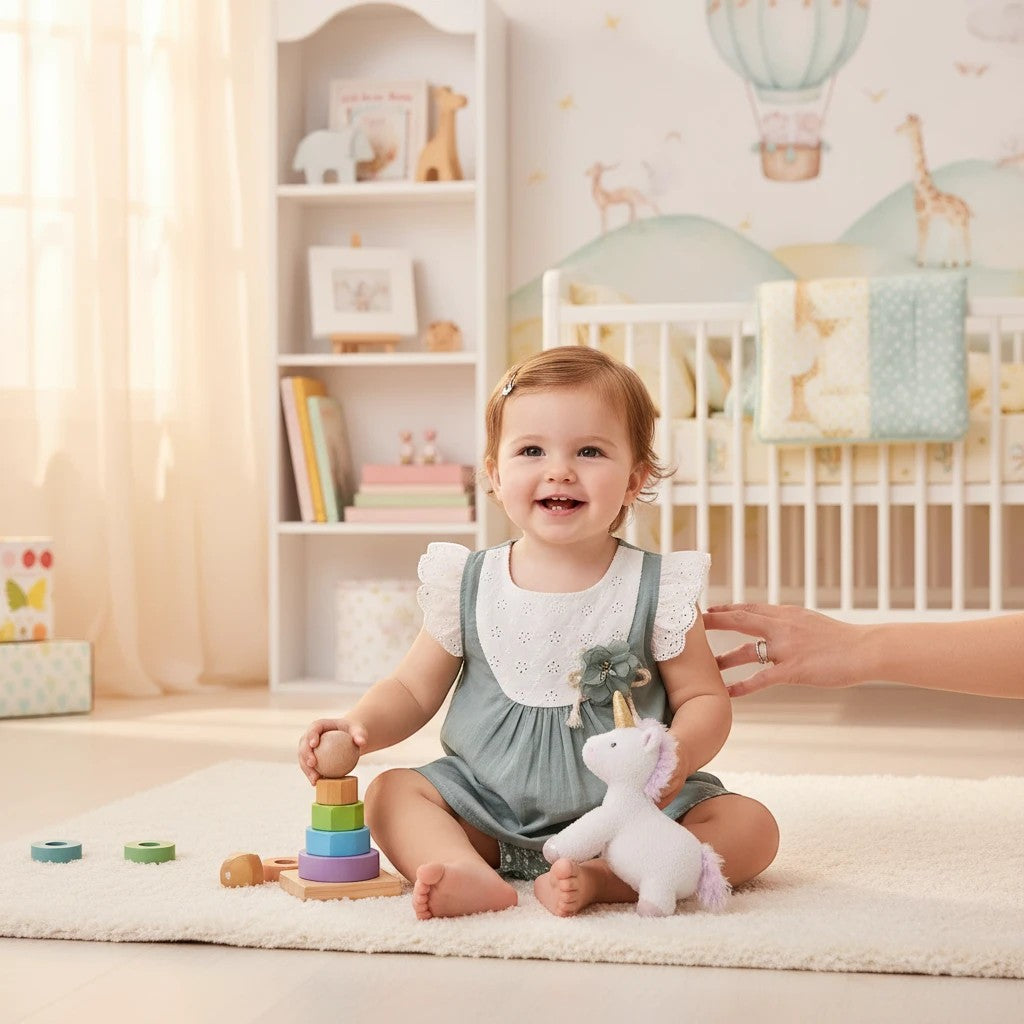 Stork And Baby girl in a blue cotton linen 2-piece set with white eyelet trim and a floral embellishment, playing with toys.
