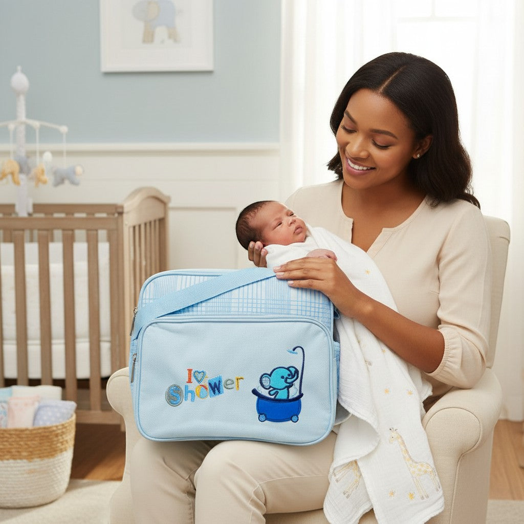 Stork And Baby blue daypack with elephant and shower graphic, perfect for baby essentials.