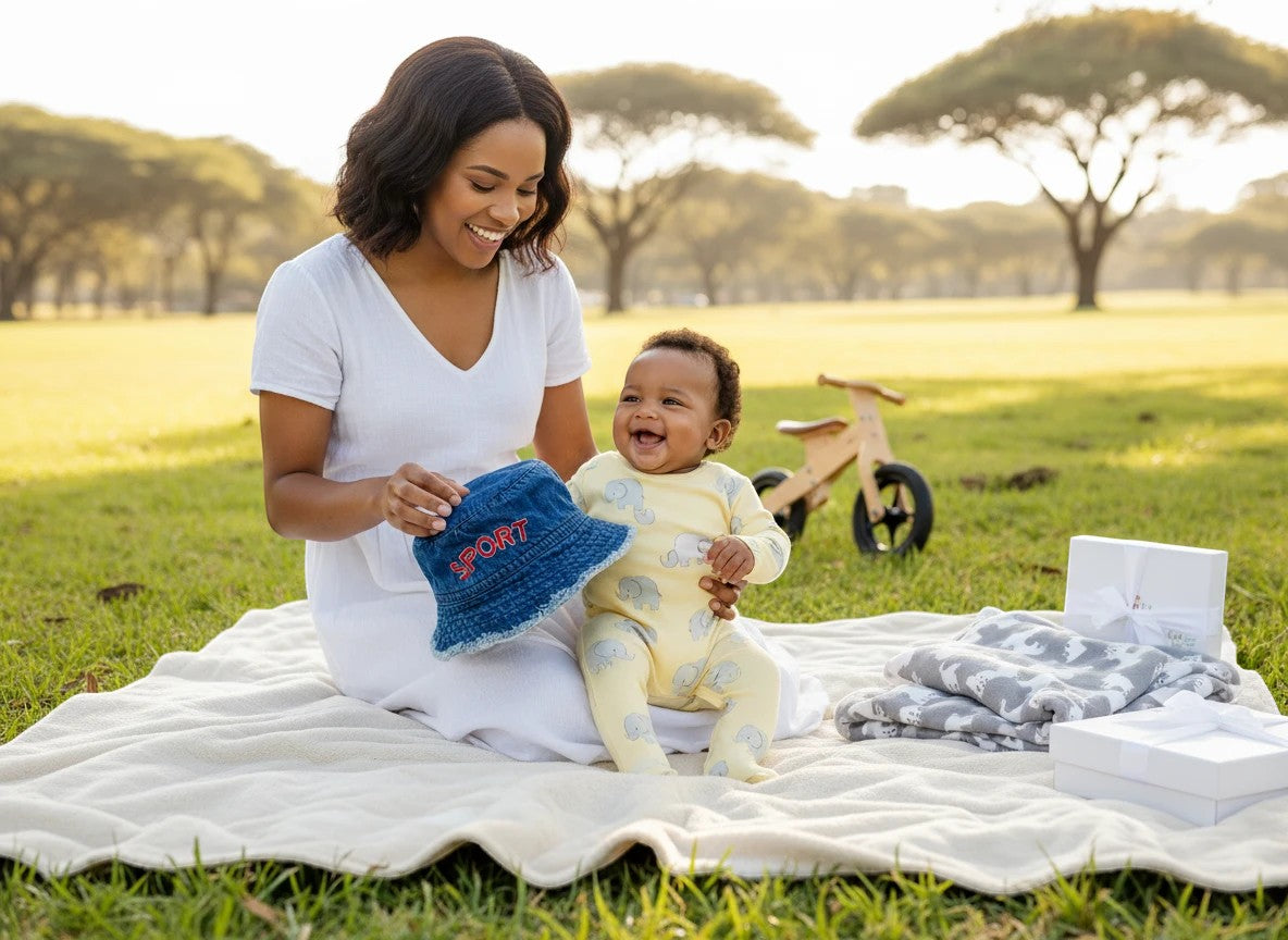 Stork And Baby blue denim bucket hat with red "SPORT" embroidery, for babies. A mother holds it for her smiling baby.