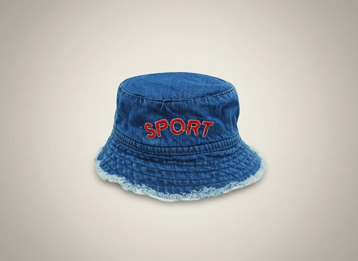 Stork And Baby blue denim bucket hat with red "SPORT" embroidery and frayed brim for boys.
