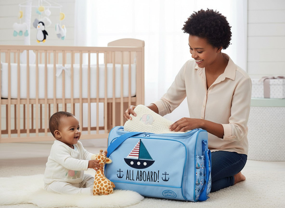 Stork And Baby light blue square diaper bag with 'All Aboard!' boat graphic, multiple compartments, and playful nautical print.