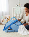 Stork And Baby blue round top diaper bag with sailboat and 'All Aboard!' text, nautical print accents.