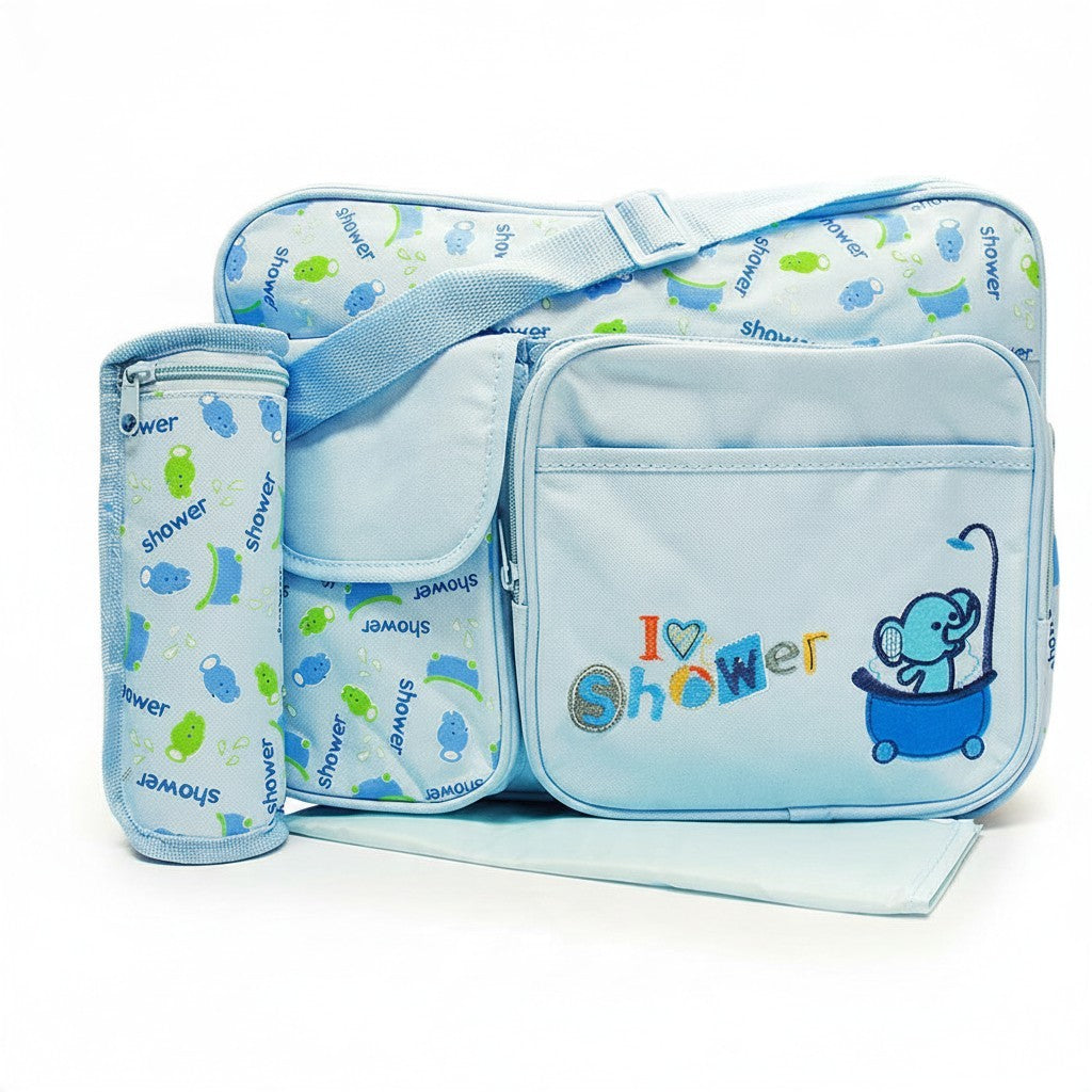 Stork And Baby Mothers Choice blue diaper bag with I Love Shower embroidery, bottle holder, and baby changing mat.